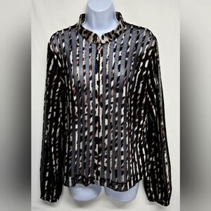 JS Collections 16 Sheer Striped Zipper Down Top Elastic Sleeve Ends Animal Print
